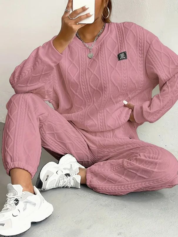 Winter Jacquard Sweatshirt & Pants Set – Long-Sleeve Round Neck Casual Outfit, 10 Colors (White/Green/Pink/Brown/Black/Beige/Matcha/Blue/Grey/Navy)_ecoleips.com