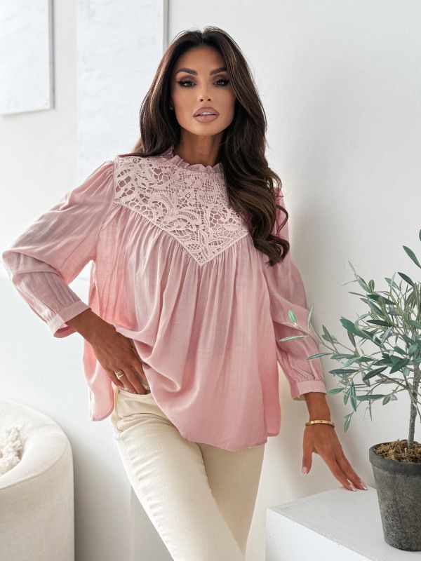 Women's Lace Trim Blouse With Lantern Sleeves - Flowy Chiffon Oversized Top For Elegant Casual Wear_ecoleips.com