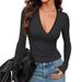 Women's Clothing Slim Fit Ribbed Knit Top Sexy Deep V Neck Long Sleeved Casual Basic T-Shirt American Style 2026_ecoleips.com
