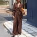 2025 Women's Solid Color Loose Deep V-Neck Long Sleeve Top + Straight-Leg Pants Two-Piece Set_ecoleips.com