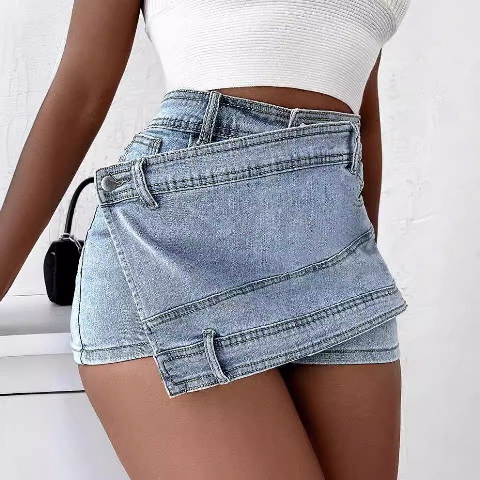 Women's Clothing A Line High Waist Summer Irregular Wide Leg Pants Summer Slim Jeans Skirt_ecoleips.com