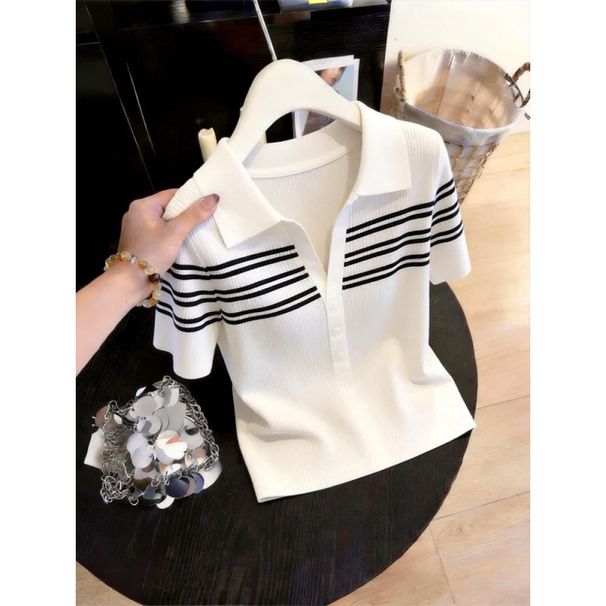 Women's Korean Style Striped Half-Zip White Short Sleeve Knit Top - Breathable Summer Casual Shirt With Unique Design_ecoleips.com