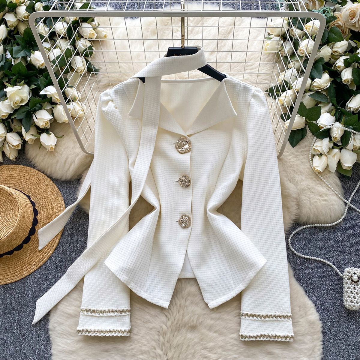 Elegant French-Style Rose Button Blouse - Women's Long Sleeve Lapel Shirt With Floral Detailing, Loose Fit & Versatile Fall Wardrobe Essential_ecoleips.com
