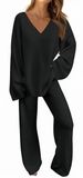 Women's V-Neck Sweater & Pants Set – Cozy Loose Fit For Autumn & Winter (XS-XL, Burgundy/Navy Blue/White/Light Purple/Black/Camel)_ecoleips.com