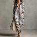 Women's Loose Fit V-Neck Long Striped Shirt Dress With 3/4 Sleeve For Summer Casual Wear Soft & Breathable Fabric_ecoleips.com