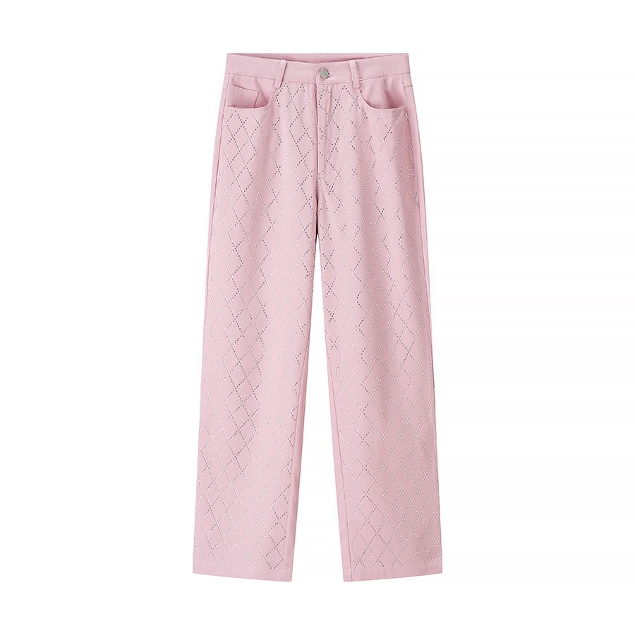 Summer Women's High Waist Straight Leg Pants With Rhinestone Decor - Trendy Streetwear Casual Trousers For Women, Pink (S/M/L)_ecoleips.com