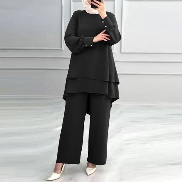 New Muslim-style Women's Suit: Solid Color Double-layered Top, Stylish And Elegant Loose Wide-leg Pants._ecoleips.com
