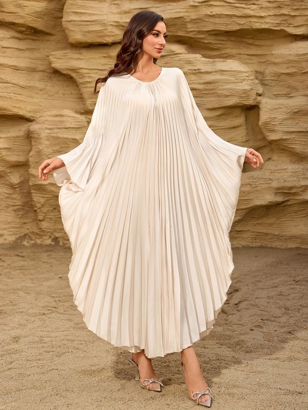 2025 New Cross-Border Middle Eastern Arab Women's Long-Sleeve Pleated Bat-Sleeve Round-Neck Robe Dress_ecoleips.com