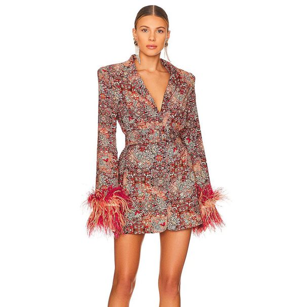 Foreign Trade New Product European And American High-end Women's V-neck Floral With Feather Decoration On Cuffs Elegant_ecoleips.com
