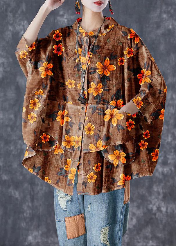 Floral Print Mandarin Collar Batwing Sleeve Blouse – Oversized Summer Top For Women_ecoleips.com