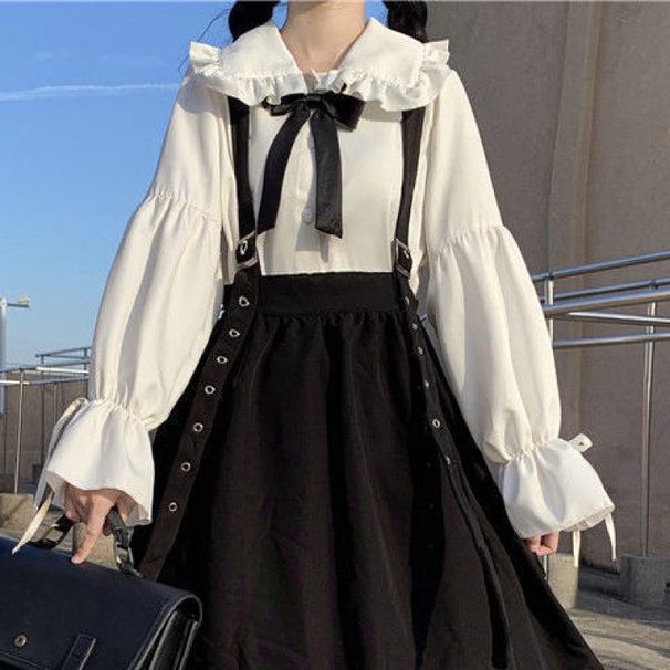 Korean Loose French Academy Style For Women, Mid-Length Student Strap Dress + Long Sleeve Shirt Set_ecoleips.com
