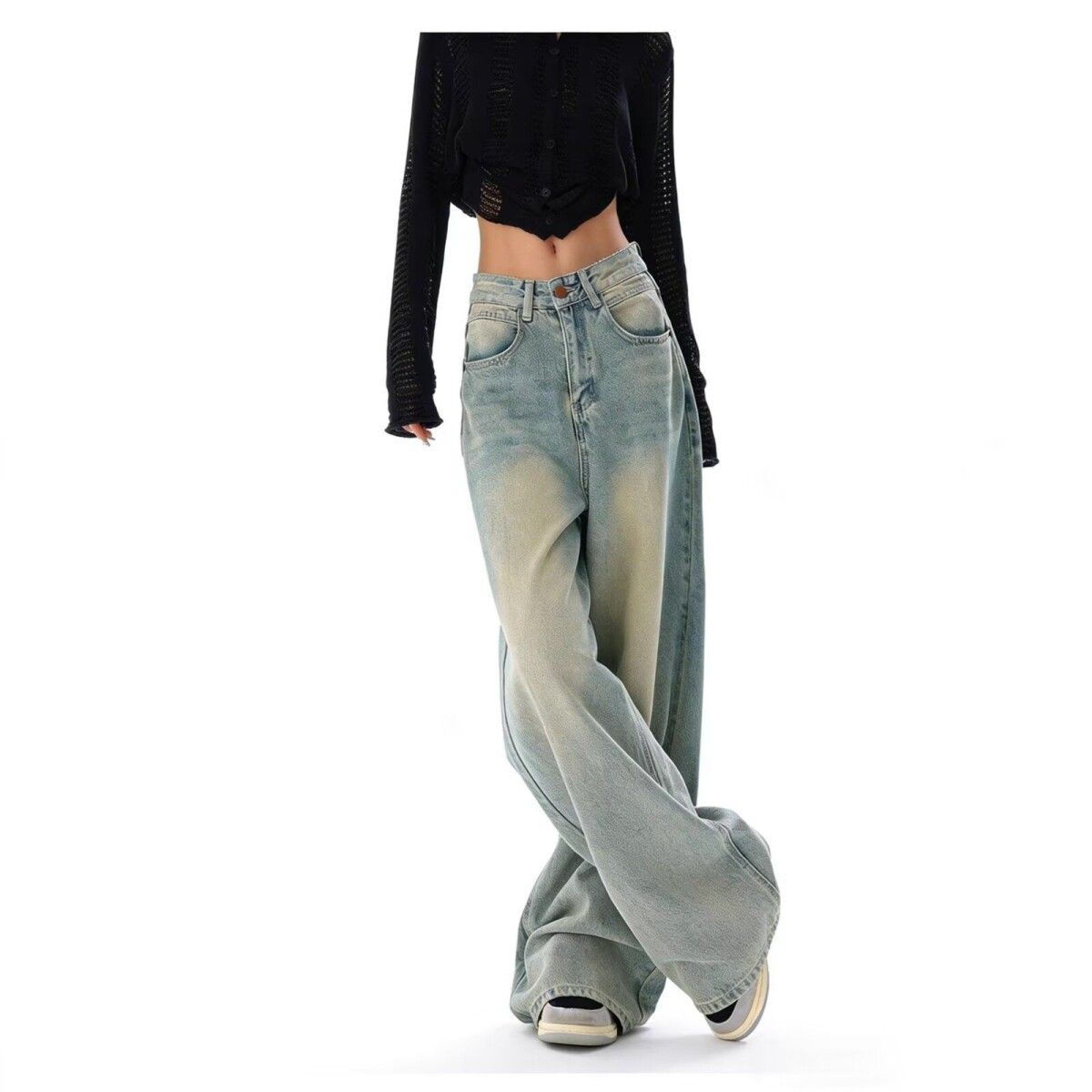Retro Yellow Mud Straight Leg Jeans High Waist Loose Design Floor Length Wide Leg Pants for Women Summer 2026 New American Style_ecoleips.com