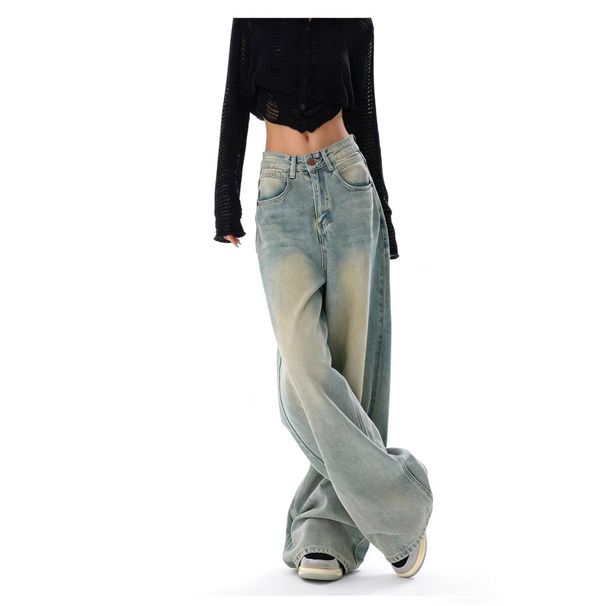 Retro Yellow Mud Straight Leg Jeans High Waist Loose Design Floor Length Wide Leg Pants for Women Summer 2026 New American Style_ecoleips.com