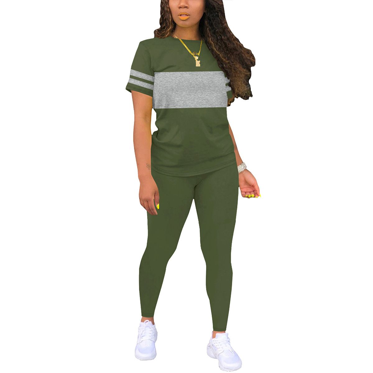 Fashionable Women's Two-Piece Suit round Neck Short Sleeved Color Block Top And Trousers European American Style_ecoleips.com