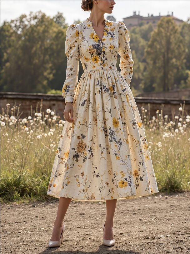 Retro Casual Women's V Neck Long Sleeve Dress Printed Thin Lanon Fabric For Summer Fashionable England Style_ecoleips.com