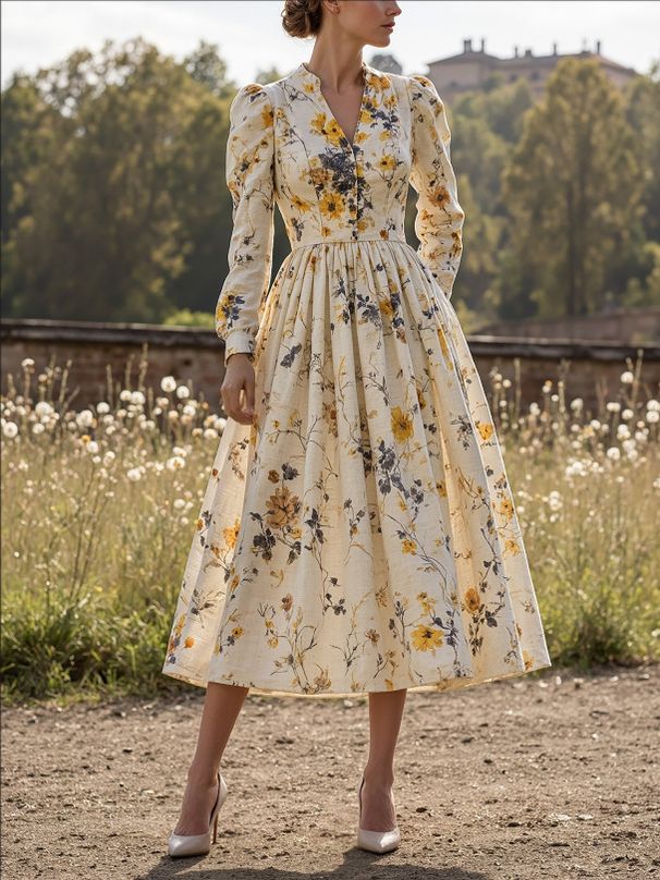 Retro Casual Women's V Neck Long Sleeve Dress Printed Thin Lanon Fabric For Summer Fashionable England Style_ecoleips.com