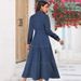 Women's Denim Shirt Dress With Belted Waist, Long Sleeve & Button-Down Collar – Slim Fit Long Maxi Dress For Casual & Streetwear_ecoleips.com