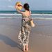 Chinese Ink Print V-neck Strap Summer Women French Niche Loose Lazy Style Over-the-knee Long Dress_ecoleips.com