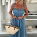 Retro Denim Women's Dress 2026 Sexy Hollow Out Sleeveless Beach Dress Simple Solid Color Backless Ruffle Edge Commuting Dresses_ecoleips.com