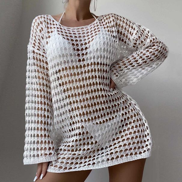 Voya Women's European And American Beach Dress Summer New Women's Sexy Knitted Hollow Pullover Round Neck Long-sleeve Bikini Cover-up_ecoleips.com