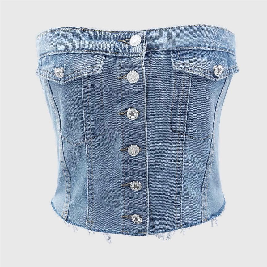 Women's Clothing Street Trend Denim Elastic Chest Button Top_ecoleips.com