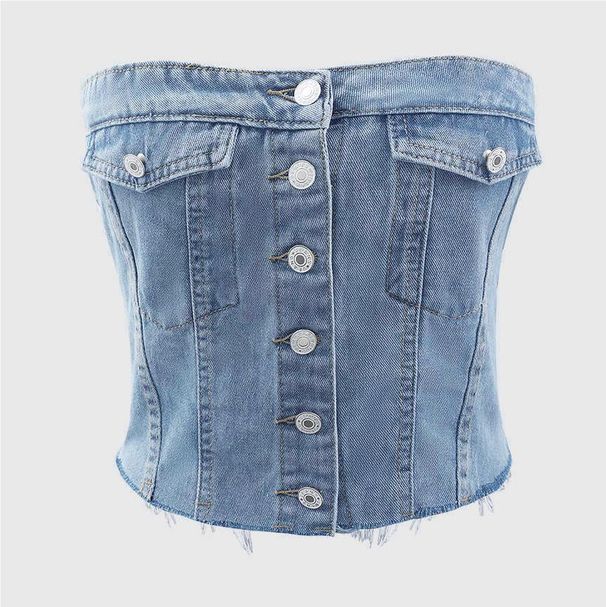 Women's Clothing Street Trend Denim Elastic Chest Button Top_ecoleips.com