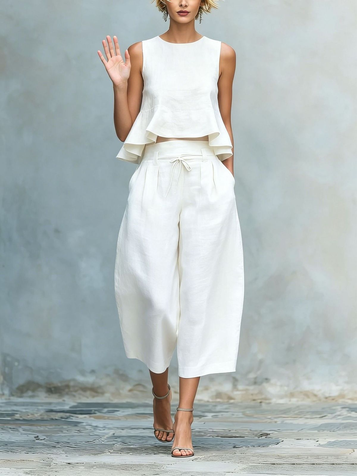Women's Sleeveless Ruffle Top And Wide-Leg Pants Set, Summer Casual Two Piece Outfit, Stretchy Comfort Jumpsuit Alternative In Solid Colors_ecoleips.com