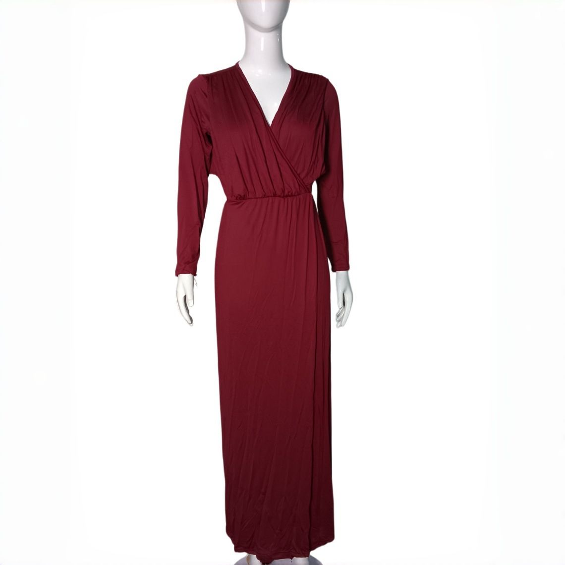 Women's Elegant Deep V Long Sleeve Red Ruched Waist Hollow Out Bodycon Maxi Dress – Evening Party Gown_ecoleips.com