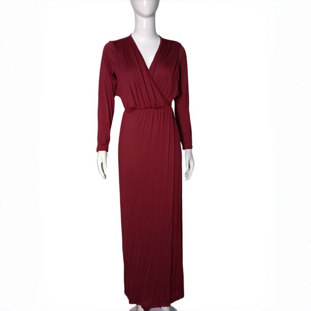 Women's Elegant Deep V Long Sleeve Red Ruched Waist Hollow Out Bodycon Maxi Dress – Evening Party Gown_ecoleips.com