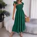 Women's Clothing Solid Color Square Collar Ruffled Waist A Line Long Skirt_ecoleips.com