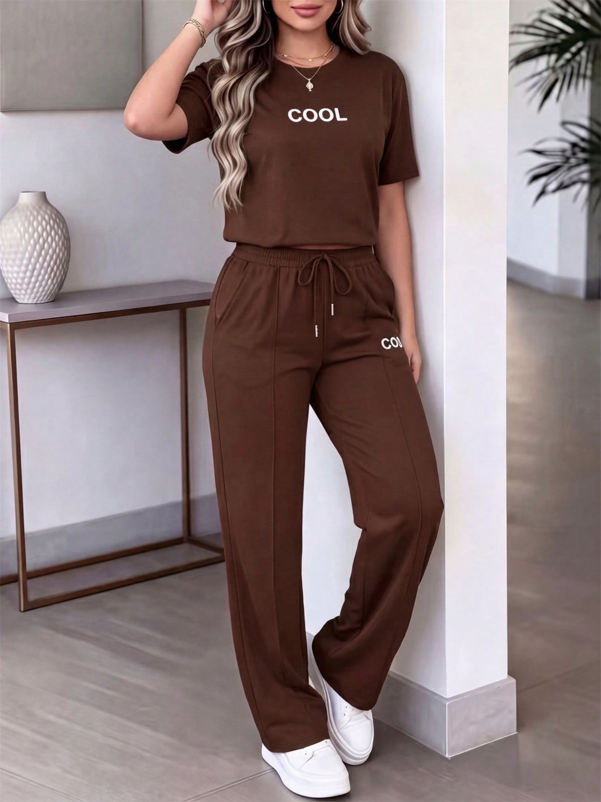 Women's Style Spring Summer Two Piece Set Round Neck Short Sleeve T-Shirt Unique Letter Print High Waisted Drawstring Straight Leg Pants_ecoleips.com