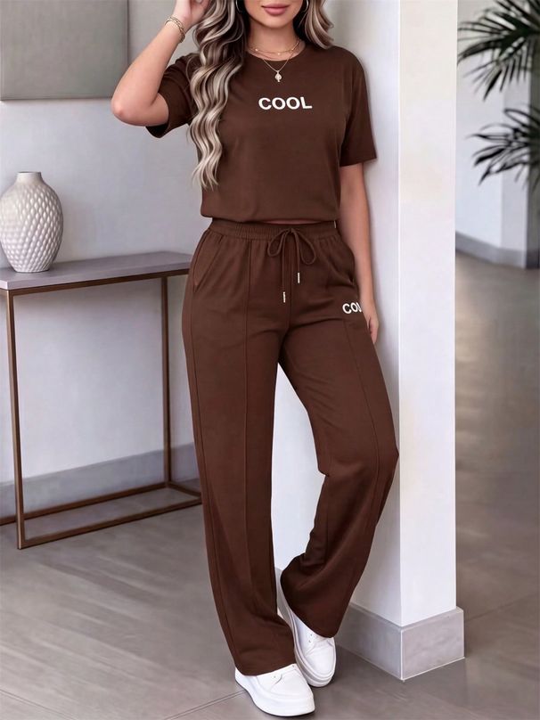 Women's Style Spring Summer Two Piece Set Round Neck Short Sleeve T-Shirt Unique Letter Print High Waisted Drawstring Straight Leg Pants_ecoleips.com