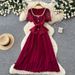 Women's French Style Lace Trimmed Dress Short Sleeved Summer Square Neck Slim Waist Pleated Long Skirt Elegant Sophisticated_ecoleips.com