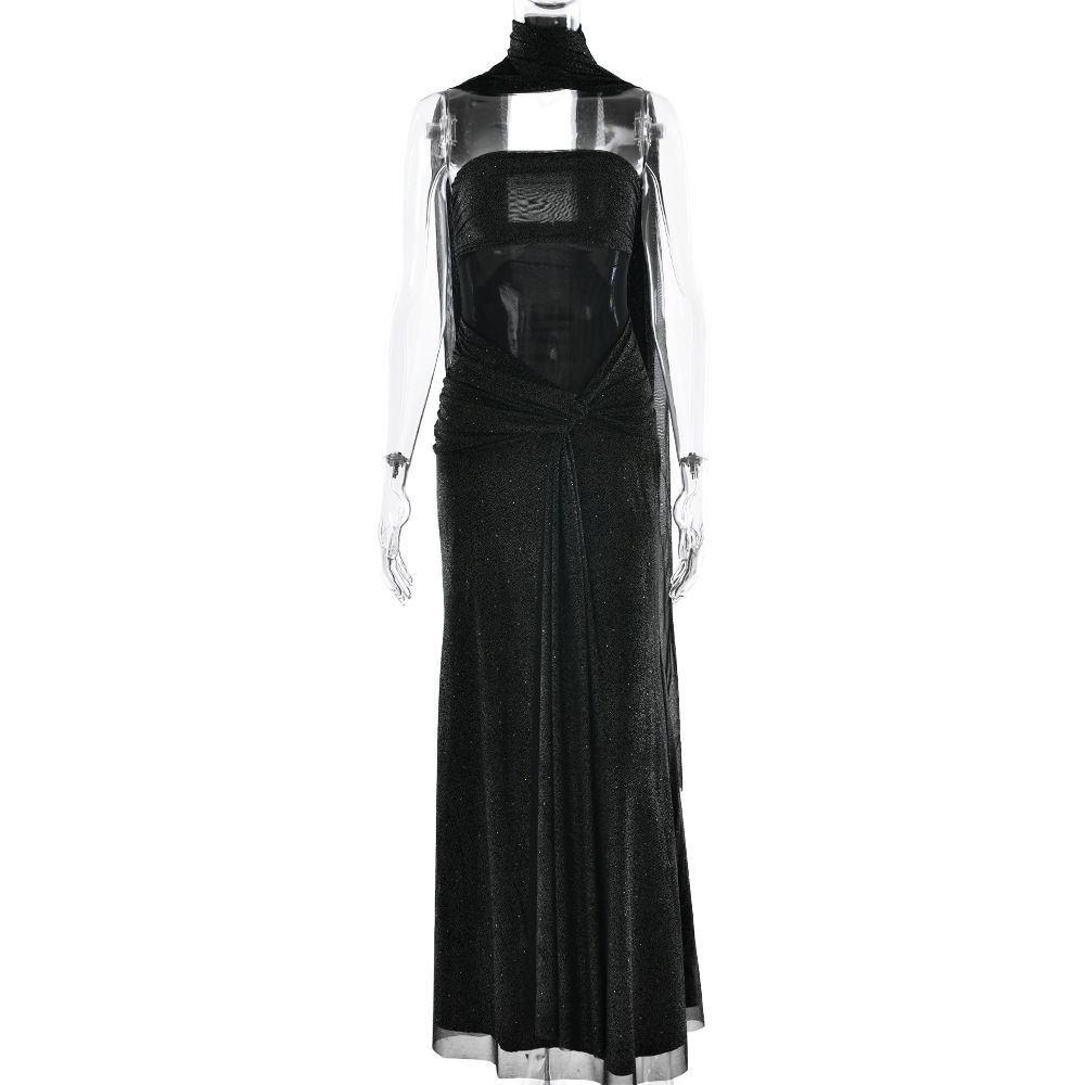 Strapless Silver-Toned Gown – High Waist A-Line Evening Dress With Detachable Neck Scarf (Black/Khaki, S-L)_ecoleips.com