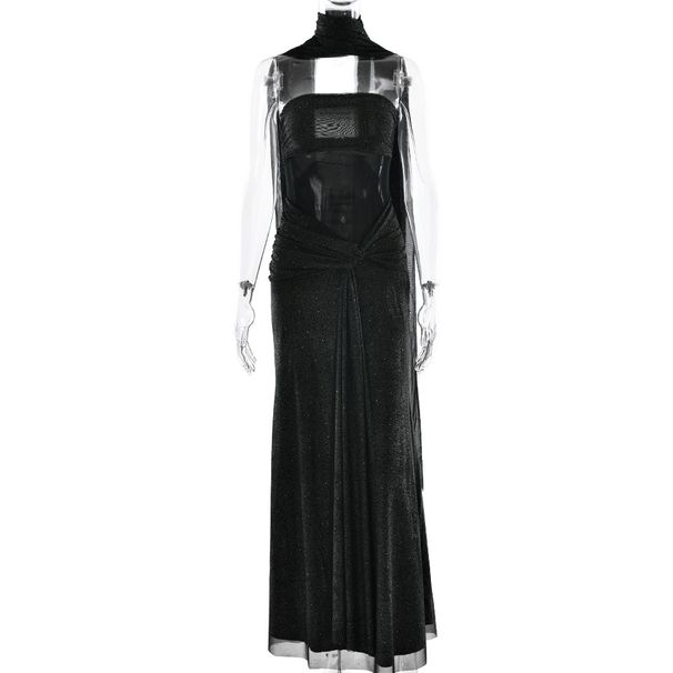 Strapless Silver-Toned Gown – High Waist A-Line Evening Dress With Detachable Neck Scarf (Black/Khaki, S-L)_ecoleips.com