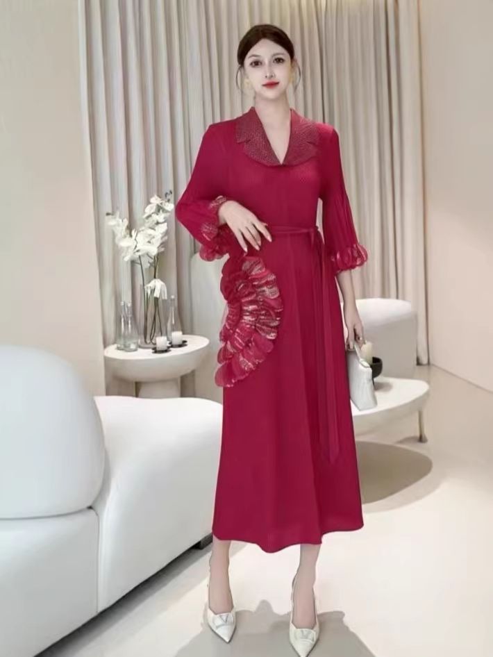 Elegant Plus Size Women's Long Dress Solid Color Style Fish Scale Pleat Loose Fit Fashionable_ecoleips.com