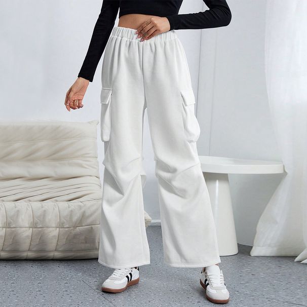 Voya Women's European American Clothing 2026 Autumn And Winter Elastic Waist Cargo Pants High Street Loose Straight-leg Wide-leg Sporty Casual Pants_ecoleips.com