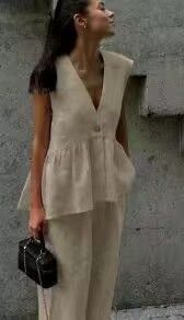 Women's Breathable Cotton Summer Outfit Sleeveless V-Neck Vest And Wide-Leg Pants Set Two-Piece Casual Comfortable_ecoleips.com