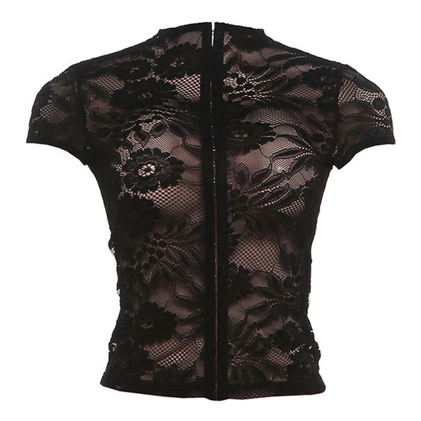 Summer Women's Lace Top Single-Breasted See Through Tight Fitting Sexy Hot Girl Style Clothing_ecoleips.com