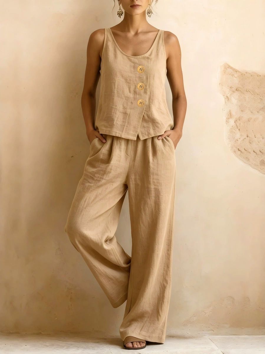 Women's Cotton Linen Two Piece Set Sleeveless Vest And Wide Leg Pants New 2026 Cross Border Available in Europe And America_ecoleips.com