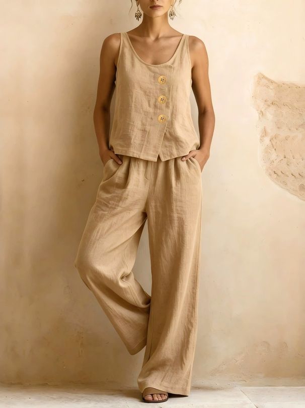 Women's Cotton Linen Two Piece Set Sleeveless Vest And Wide Leg Pants New 2026 Cross Border Available in Europe And America_ecoleips.com