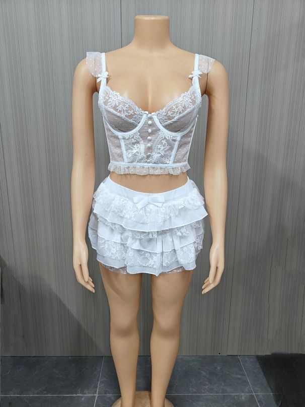 FF1422 Summer New Sexy Lace Hollow Out Two-Piece Set Plus Size Women's Clothing_ecoleips.com