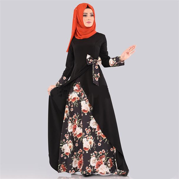 New Cross-border Middle Eastern Arab Turkish Pullover Slim-fit Long Dress, Elegant Mid-length Printed Tie Dress_ecoleips.com