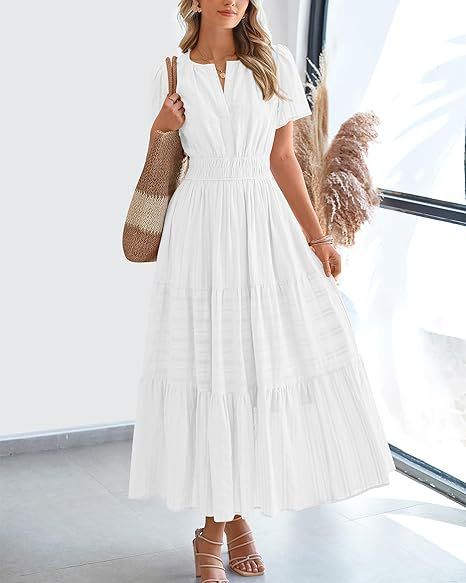 Women's Clothing Spring And Summer New Fashion V Neck Pleated Puff Sleeve Layered Swing Dress_ecoleips.com