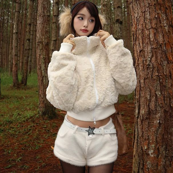 European And American Best-Selling Women's Clothing 2026 Spring New Fashion Casual Cardigan Zipper Plush High Collar_ecoleips.com