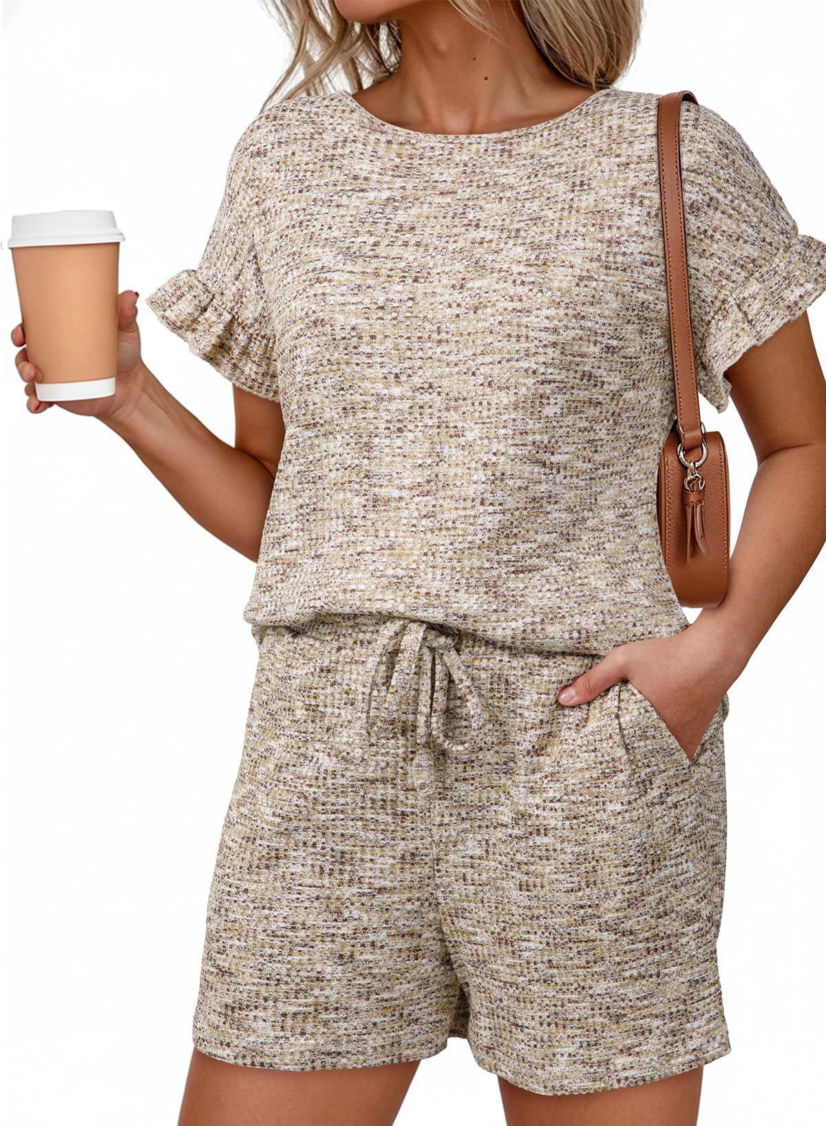 European And American Women's Summer Clothing Set Colorful Waffle Knit round Neck Short Sleeve Top with Ruffle Shorts_ecoleips.com