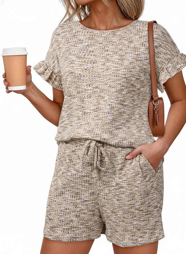 European And American Women's Summer Clothing Set Colorful Waffle Knit round Neck Short Sleeve Top with Ruffle Shorts_ecoleips.com