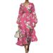 Women's Clothing New Printed Casual Retro Sexy V Neck Puff Sleeve Dress_ecoleips.com