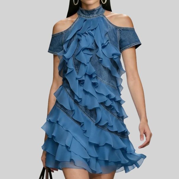 Women's Clothing Mini Dress Mesh Ruffled Trim Denim New Spring Summer Vacation Dress_ecoleips.com