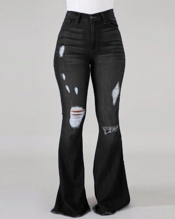 K European And American Internet Celebrity High Stretch Ripped Jeans, High Waisted Flared Pants_ecoleips.com